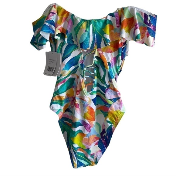 La Blanca Floral Off the Shoulder 4 One Piece Floral Print Swimsuit - Picture 6 of 10